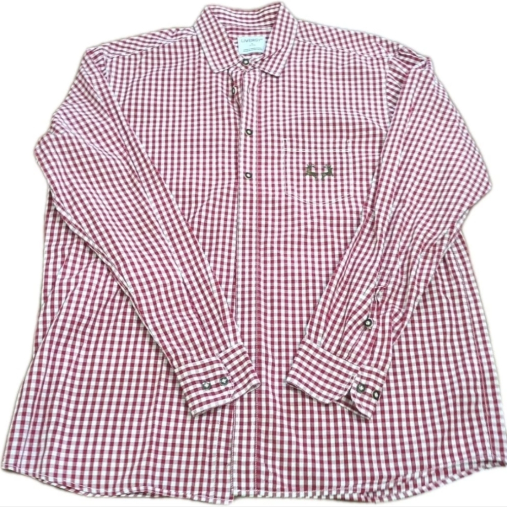 Livergy Dress Shirt Red Plaid Deer Embroidered Pocket Collar Long Sleeve Mens XL